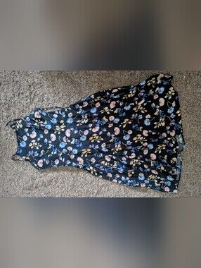 Forever 21 Backless Black Floral Midi Skirt with Blue and Pink Flowers